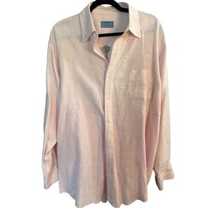 Castaway Button Up Linen Shirt Mens L Pink Anchor Relaxed Nautical Vacation Boho